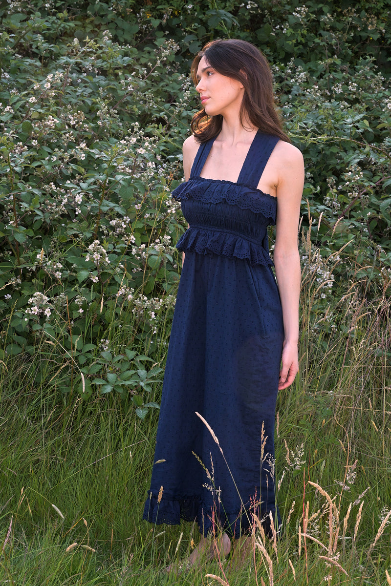 ally blue dress Navy Cotton Eyelet Ruffle Ally Maxi Sundress | Neve & Noor