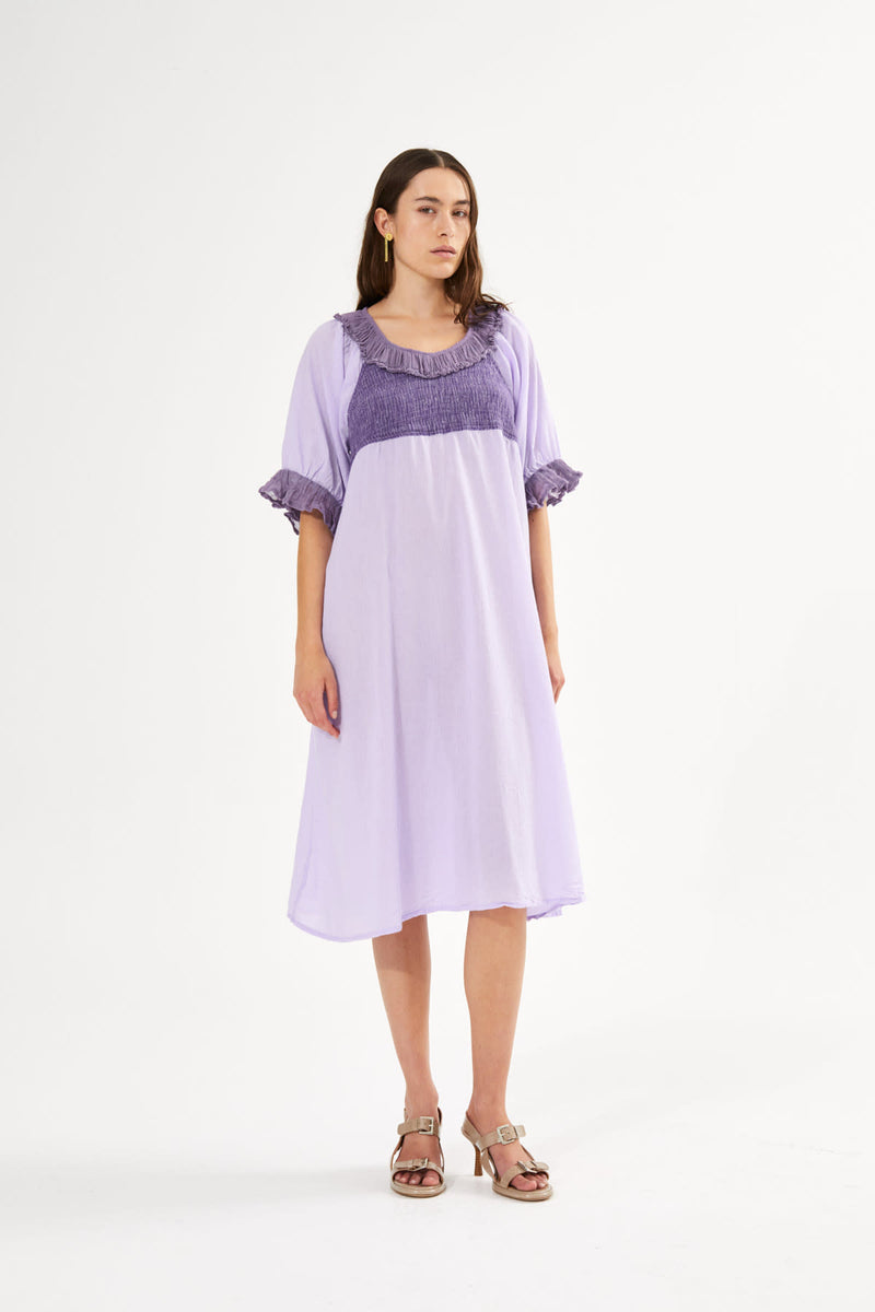 lavender dress cotton Handmade Lavender Boho Wedding Dress: Smocked Cotton Cottagecore Gown - Mila
