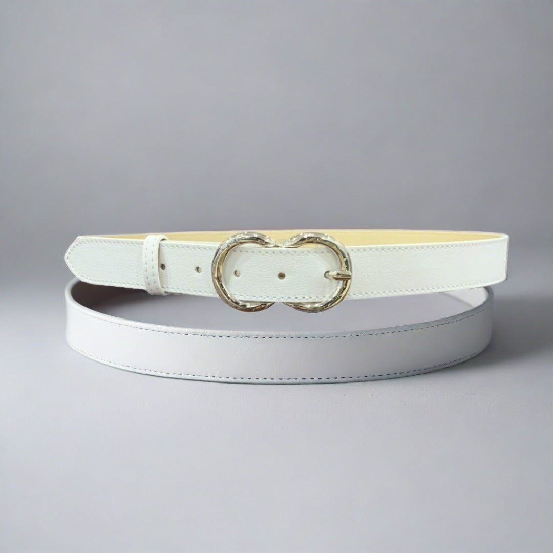 Made in Italy White and Black Leather Belt Double Ring Buckle by