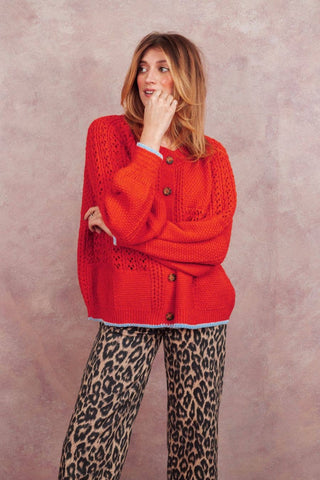 Cara & The Sky - Brigit Pointelle Stitch Balloon Sleeve Cardigan - Orange,Cara & The Sky - Shopidpearl