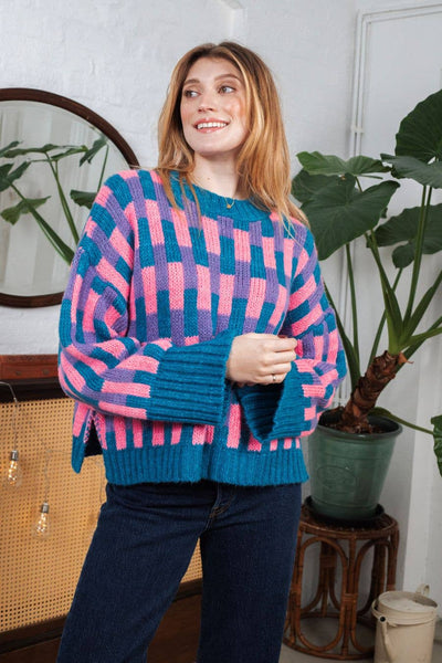 Cara & The Sky - Charlotte Geometric Pattern Wide Sleeve Knit Jumper - Teal,Cara & The Sky - Shopidpearl