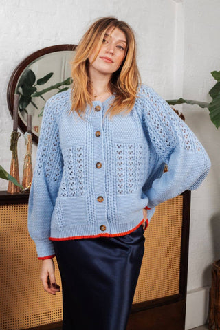Cara & The Sky - Brigit Pointelle Stitch Balloon Sleeve Cardigan - Blue,Cara & The Sky - Shopidpearl