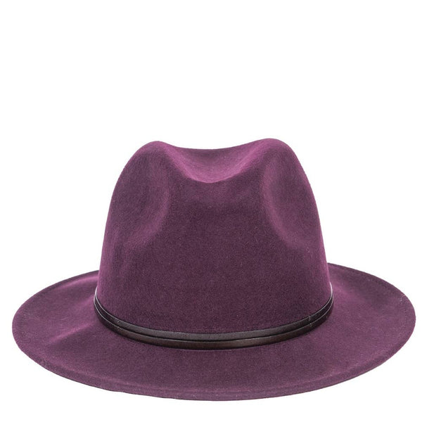 Plum felt fedora hat featuring a genuine leather trim, showcasing a structured yet lightweight design.