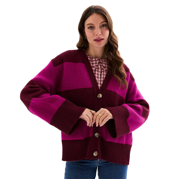 Candice Chunky Cardigan Burgundy Stripe British Made