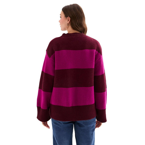 Candice Chunky Cardigan Burgundy Stripe British Made
