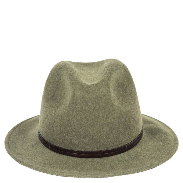 Wool felt fedora hat in moss green with a brown leather trim, featuring a structured yet lightweight design.
