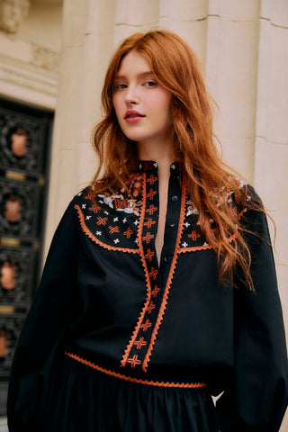 Embroidered Button Front Blouse