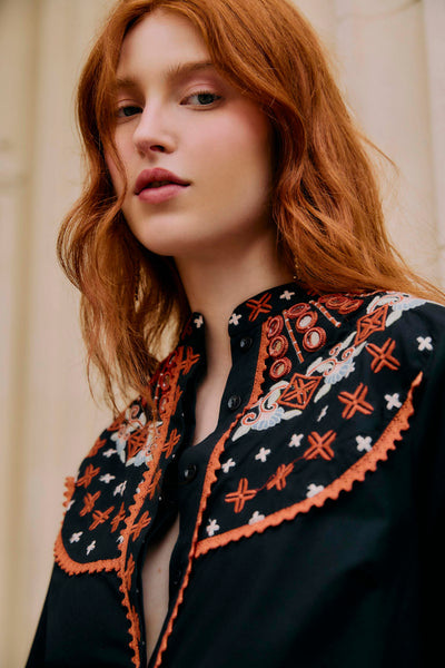 Embroidered Button Front Blouse