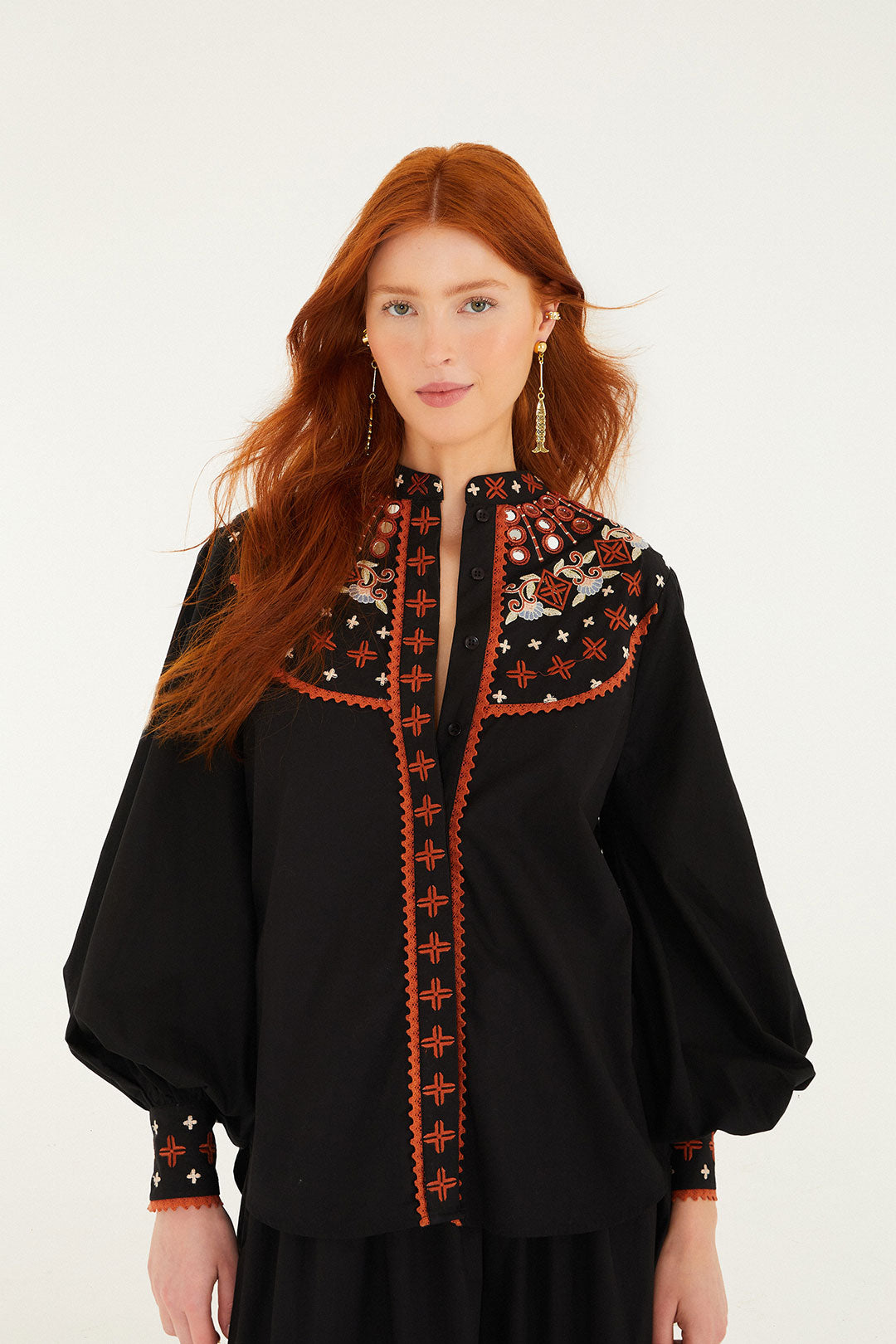 Embroidered Button Front Blouse