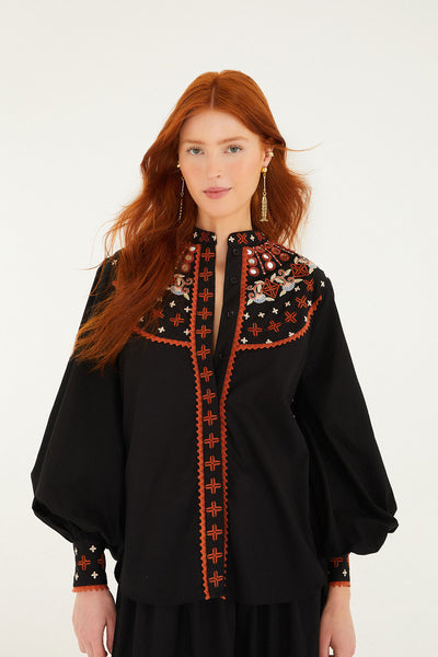 Embroidered Button Front Blouse