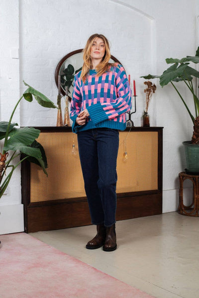 Cara & The Sky - Charlotte Geometric Pattern Wide Sleeve Knit Jumper - Teal,Cara & The Sky - Shopidpearl