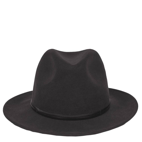 Black wool felt fedora hat featuring a sleek leather trim, designed for a polished, sophisticated look.
