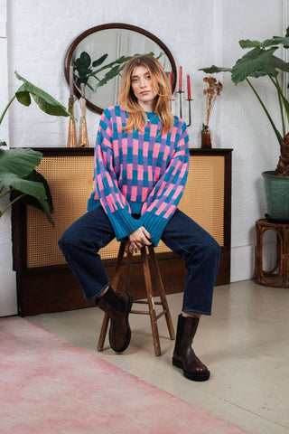 Cara & The Sky - Charlotte Geometric Pattern Wide Sleeve Knit Jumper - Teal,Cara & The Sky - Shopidpearl