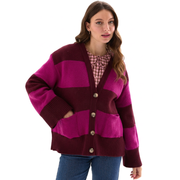 Candice Chunky Cardigan Burgundy Stripe British Made
