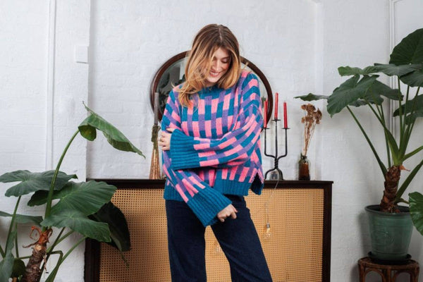 Cara & The Sky - Charlotte Geometric Pattern Wide Sleeve Knit Jumper - Teal,Cara & The Sky - Shopidpearl