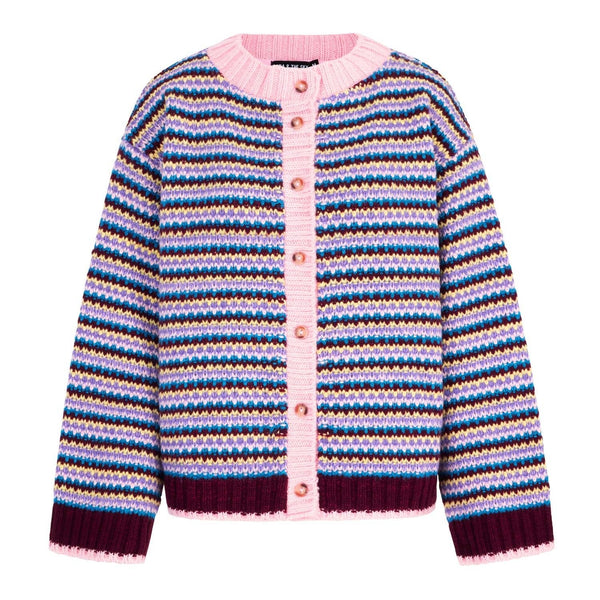 Clarisse Mini Stripe Burgundy Cardigan British Made Sweater