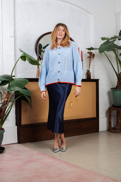 Cara & The Sky - Brigit Pointelle Stitch Balloon Sleeve Cardigan - Blue,Cara & The Sky - Shopidpearl