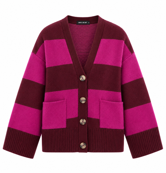 Candice Chunky Cardigan Burgundy Stripe British Made