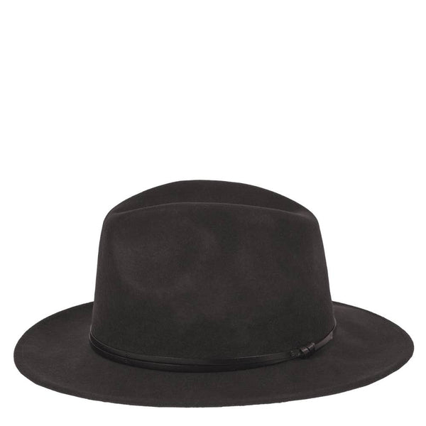Black wool felt fedora hat featuring a sleek leather trim, showcasing a polished, structured silhouette.