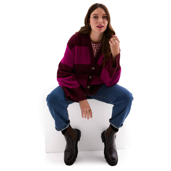 Candice Chunky Cardigan Burgundy Stripe British Made