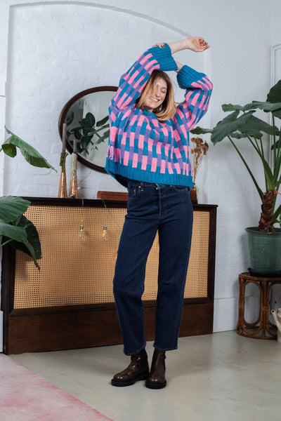 Cara & The Sky - Charlotte Geometric Pattern Wide Sleeve Knit Jumper - Teal,Cara & The Sky - Shopidpearl