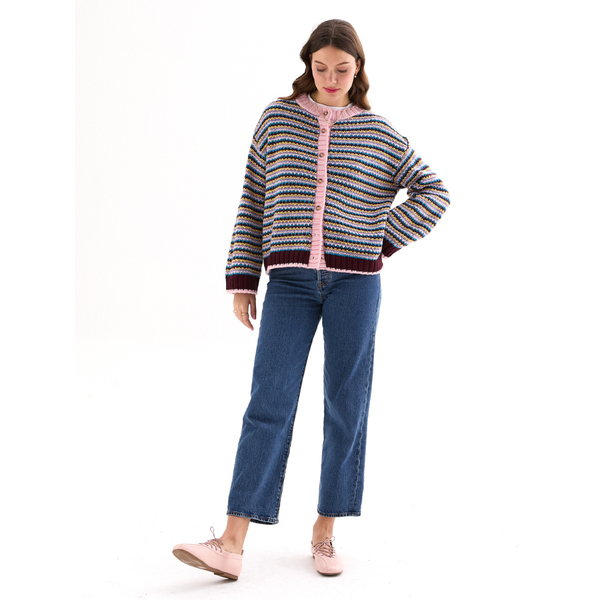 Clarisse Mini Stripe Burgundy Cardigan British Made Sweater