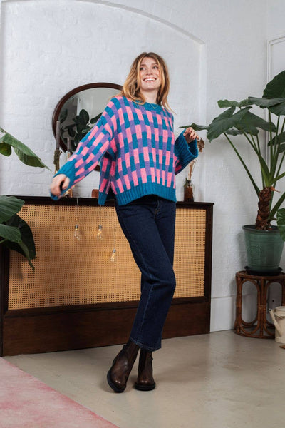 Cara & The Sky - Charlotte Geometric Pattern Wide Sleeve Knit Jumper - Teal,Cara & The Sky - Shopidpearl