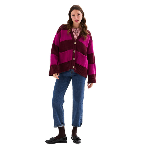 Candice Chunky Cardigan Burgundy Stripe British Made