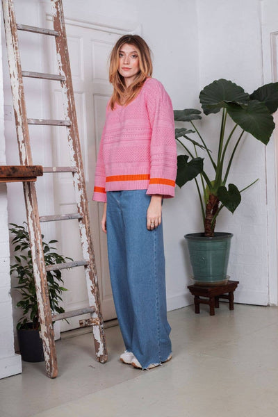Cara & The Sky - Judith Pointelle Stitch V Neck Jumper - Pink,Cara & The Sky - Shopidpearl