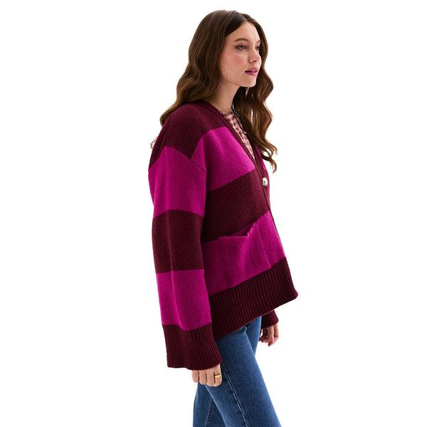 Candice Chunky Cardigan Burgundy Stripe British Made