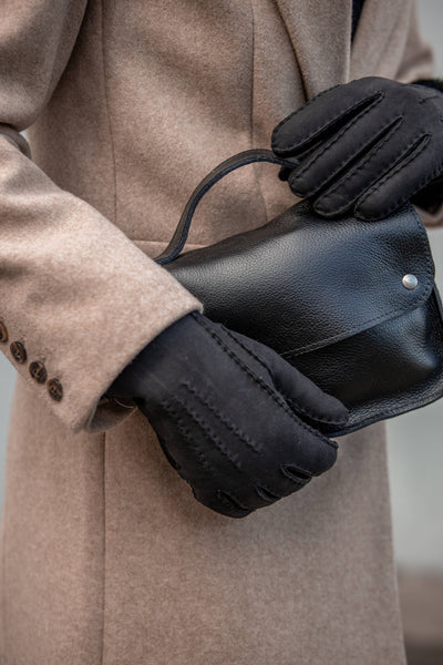 Suede Gloves with Wool Fur Trim
