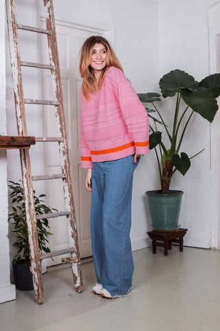 Cara & The Sky - Judith Pointelle Stitch V Neck Jumper - Pink,Cara & The Sky - Shopidpearl