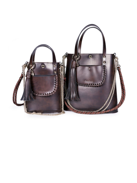 Grand Ame Calf Leather Medium Handbag Black Brush