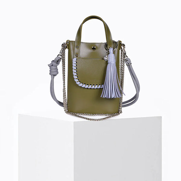 Blue Stitch Khaki Leather Mini Bag