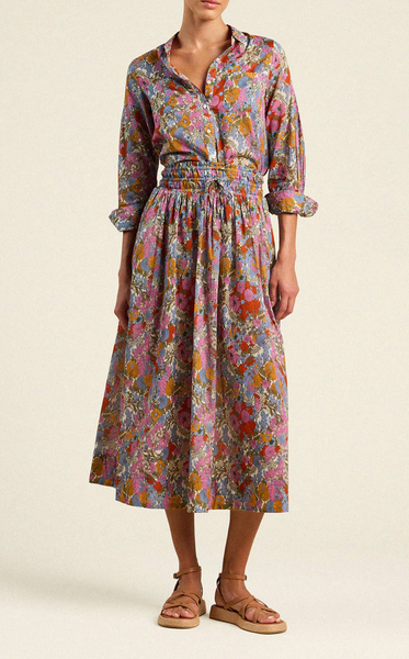 Bianca Cotton Floral Midi Skirt in blue multi cotton voile with smocked waist, drawstring, billowy silhouette, and pockets