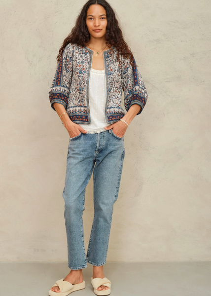 Cass Indigo Floral Print Jacket in blue cotton with floral pattern, pinstripe lining, 3/4 gathered sleeves, and side pockets