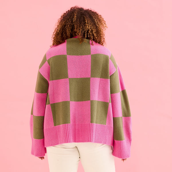Cara & The Sky - Candice Wide Sleeve Checked Button Cardigan - Pink & Green,Cara & The Sky - Shopidpearl