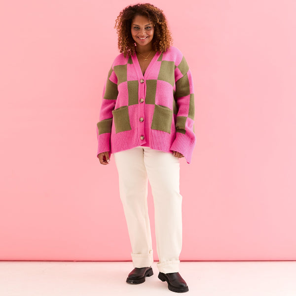 Cara & The Sky - Candice Wide Sleeve Checked Button Cardigan - Pink & Green,Cara & The Sky - Shopidpearl