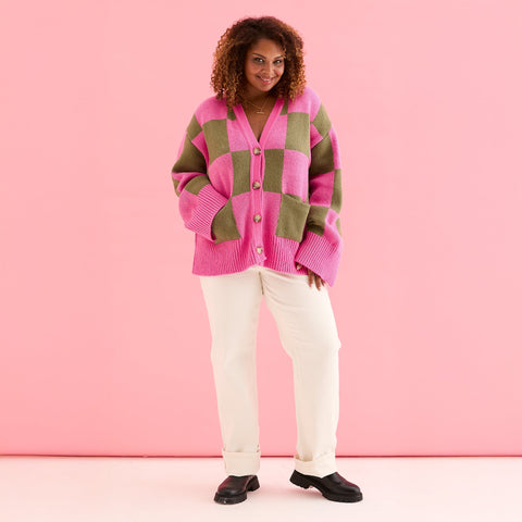 Cara & The Sky - Candice Wide Sleeve Checked Button Cardigan - Pink & Green,Cara & The Sky - Shopidpearl
