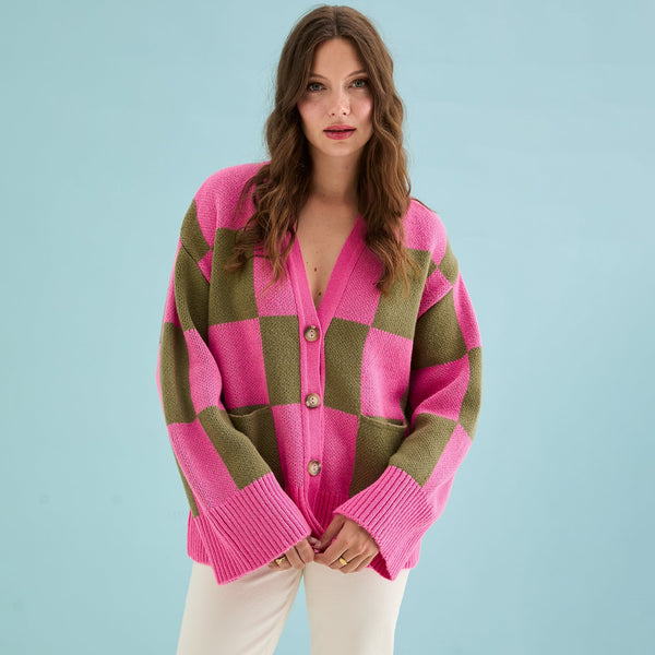 Cara & The Sky - Candice Wide Sleeve Checked Button Cardigan - Pink & Green,Cara & The Sky - Shopidpearl