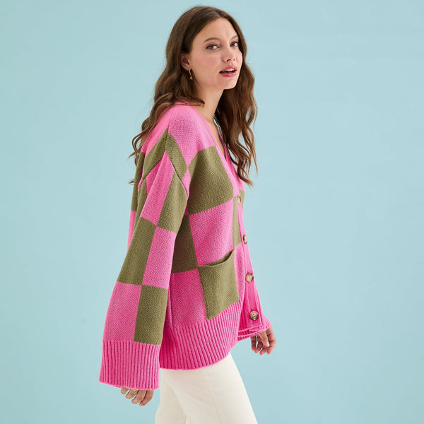Cara & The Sky - Candice Wide Sleeve Checked Button Cardigan - Pink & Green,Cara & The Sky - Shopidpearl