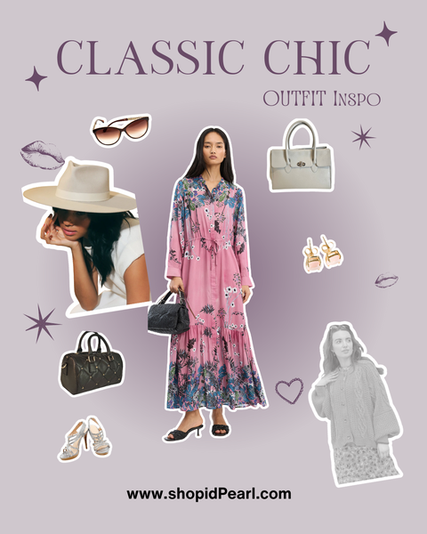 Woman in a Munthe pink floral dress with fashion accessories on a 'Classic Chic' outfit inspiration graphic for idPearl. 