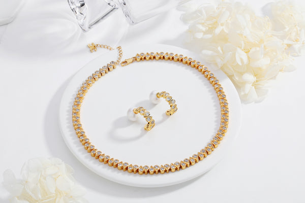Classicharms Gold Tear Shaped Zirconia  Tennis Choker Necklace - shop idPearl