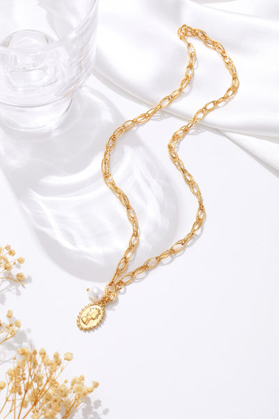 Classicharms Gold Carved Pendant and Pearl Necklace - shopidPearl