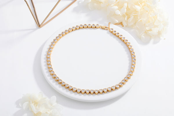 Classicharms Gold Heart Shaped Zirconia Tennis Choker Necklace - shopidPearl