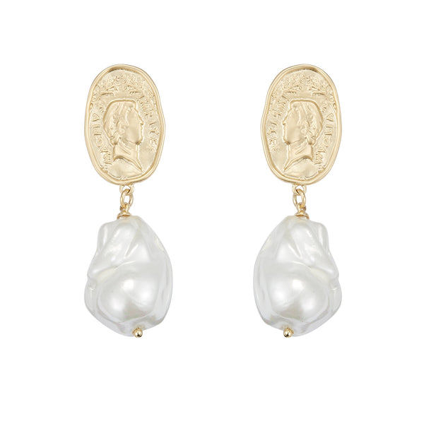Classicharms Matted Gold Sculpted Oversized Baroque Pearl Drop Earrings