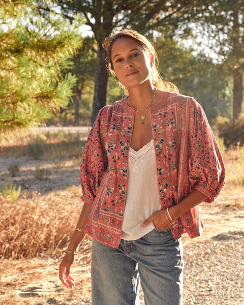 Darla Floral Print Jacket in rose pink cotton silk with 3/4 gathered sleeves, striped lining, and side pockets