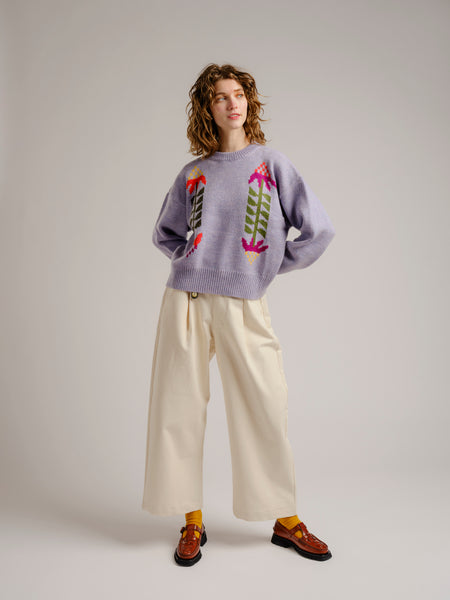 Cone Flower Crewneck Wool Sweater Lilac