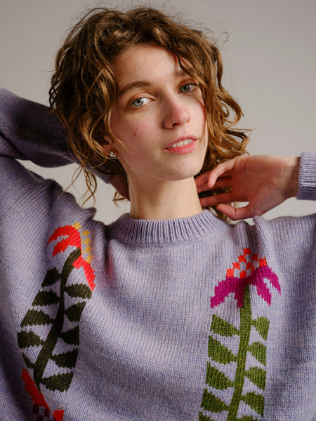 Cone Flower Crewneck Wool Sweater Lilac