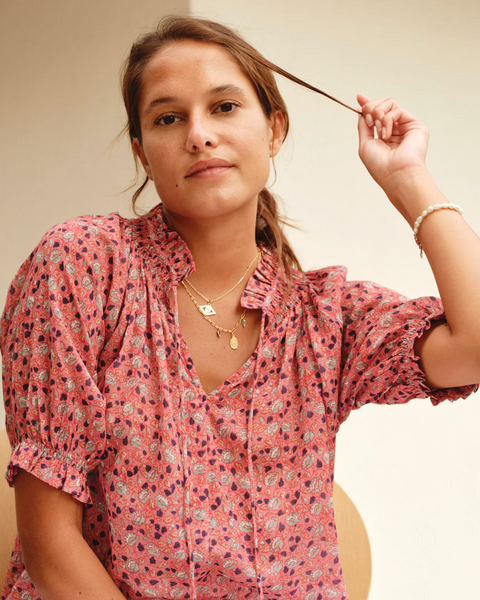 Darla Floral Print Top in rose pink floral cotton with tie V-neck, raglan sleeves, frill collar, and elastic cuffs